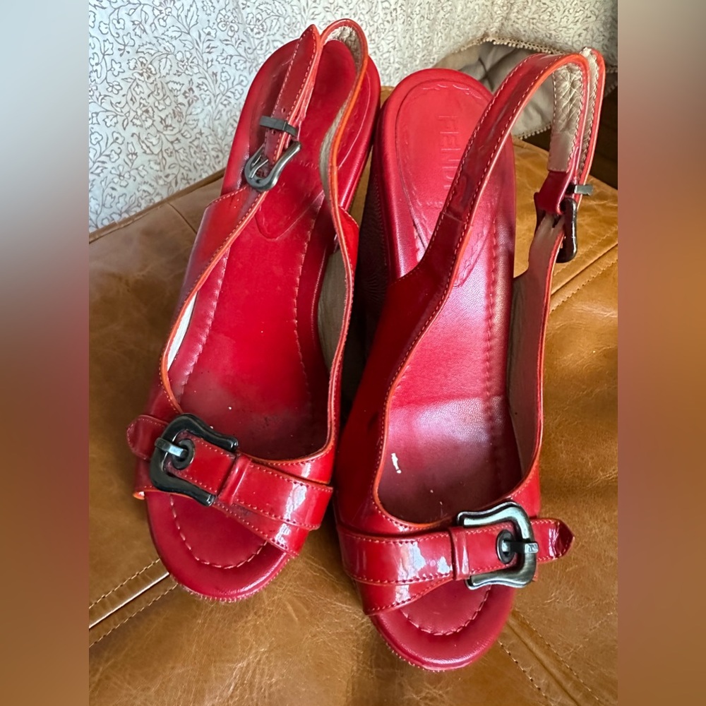 FENDI authentic red patent leather, woven sunrise pattern. Size 36